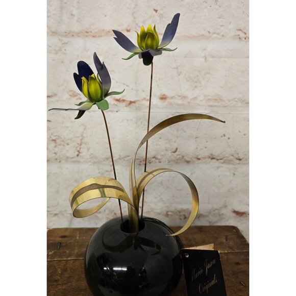 11" Vintage Marie Jaxon Originals Metal Flower Arrangement In Black Vase - Picture 4 of 11